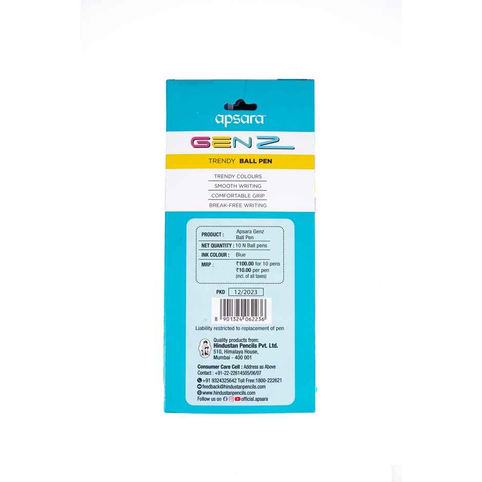 Apsara Genz Ball Pen | Smooth & Long Writing |Comfortable Grip | Pack of 10