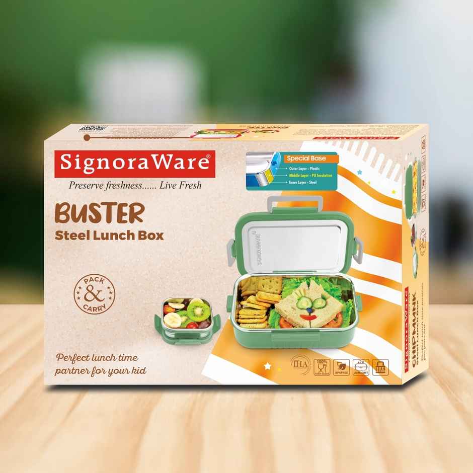 SignoraWare Buster Steel Lunch Box | 850ml + 130ml | E Green