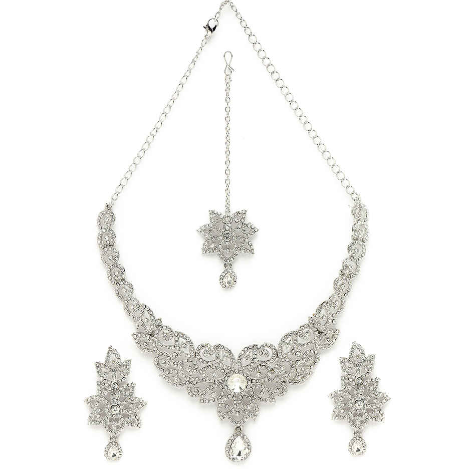Sukkhi Gracious Rhodium Plated Silver Stone Studded Choker Necklace Set