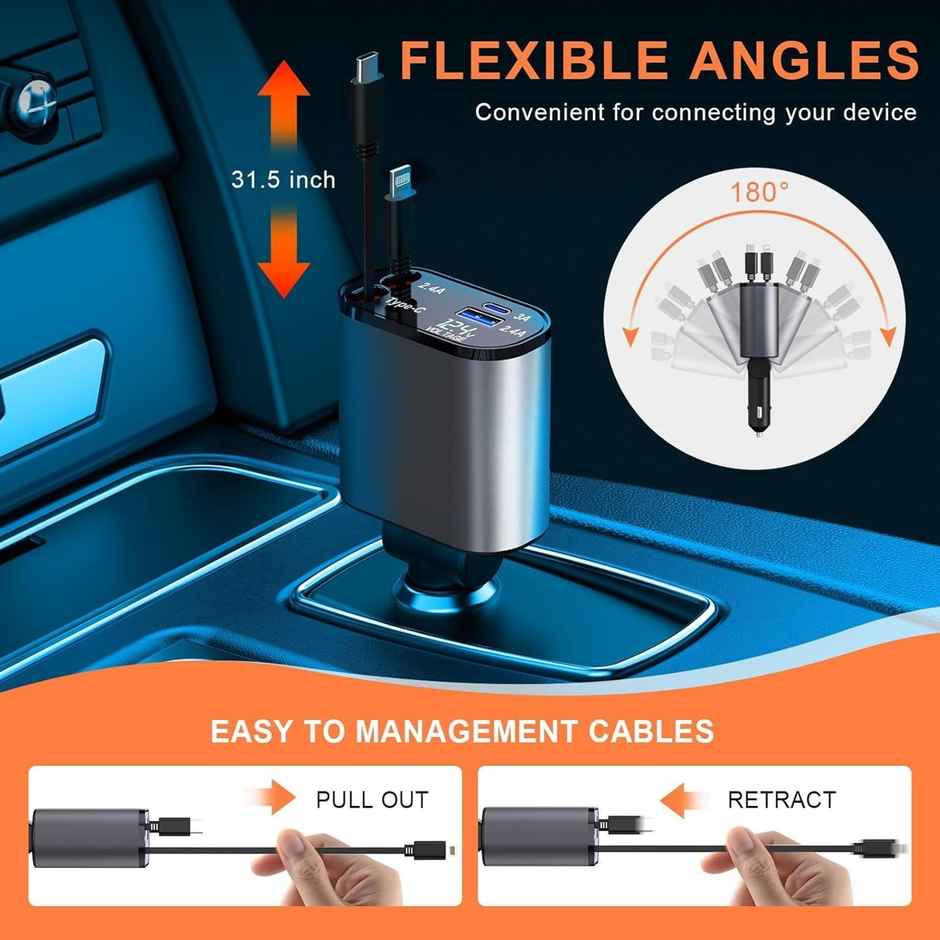 Hashwow 120W 4 in 1 Retractable Car Charger,Super Fast Charge Car Phone Charger,Retractable Cables & 2 USB Ports Car Adapter for Android Phones & iPhone 16/15/14/13/12/11 Pro Max,Xr,Ipad,Pixel