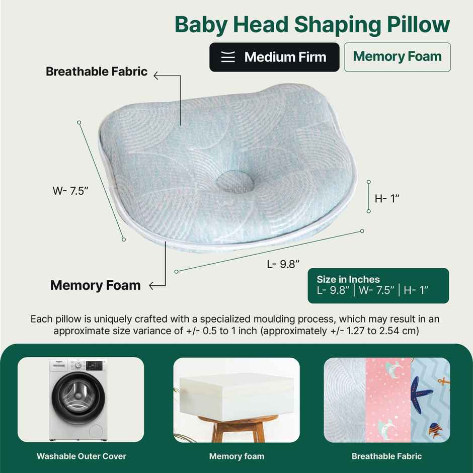 The White Willow Baby Head Shaping Pillow - Memory Foam - Flat Head Prevention - Misty Blue
