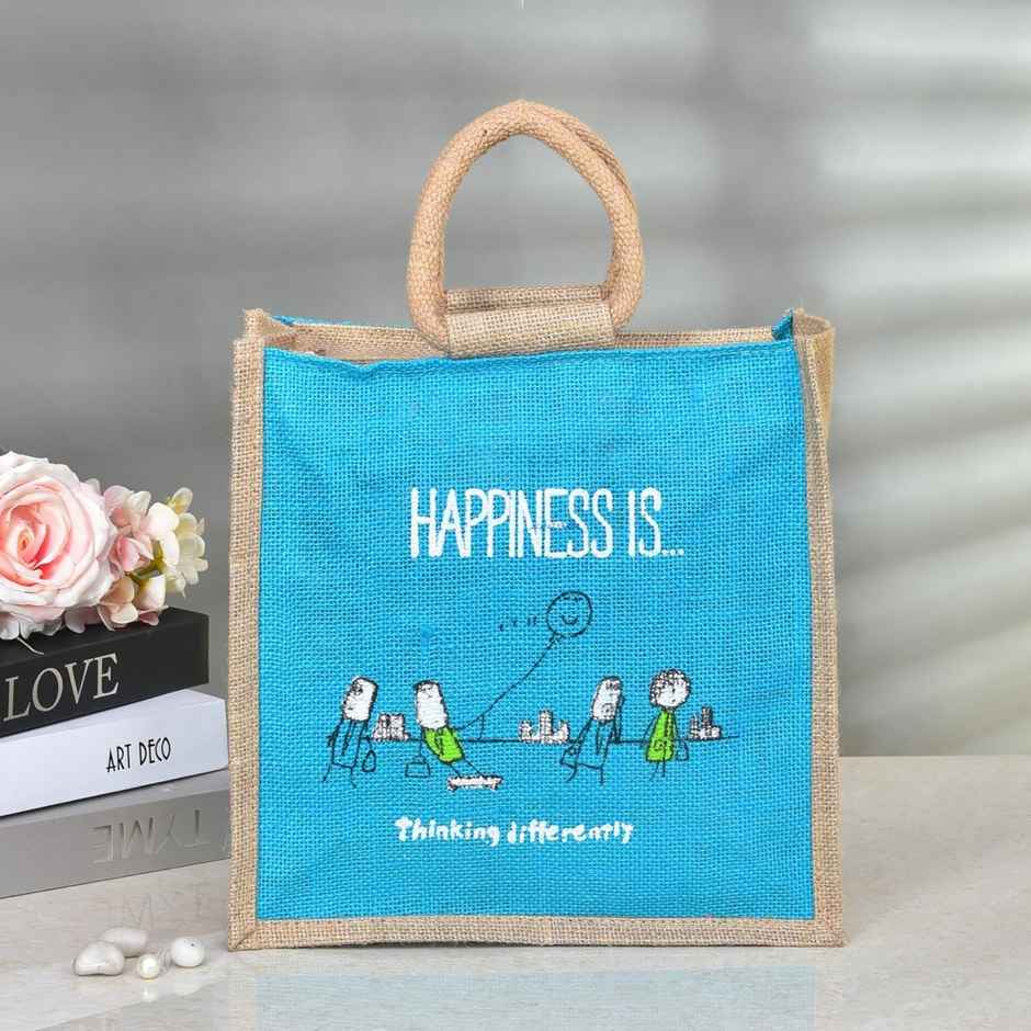 Kuber Industries Blue Happiness Medium Grocery Bag|Lunch Bags for Office with Zipp & Handle|Brown