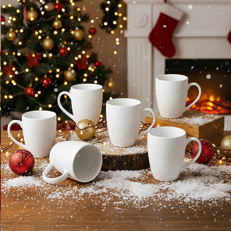 The Earth Store White Check 400 ml Ceramic Coffee Mug Microwave Safe Mug for Gift