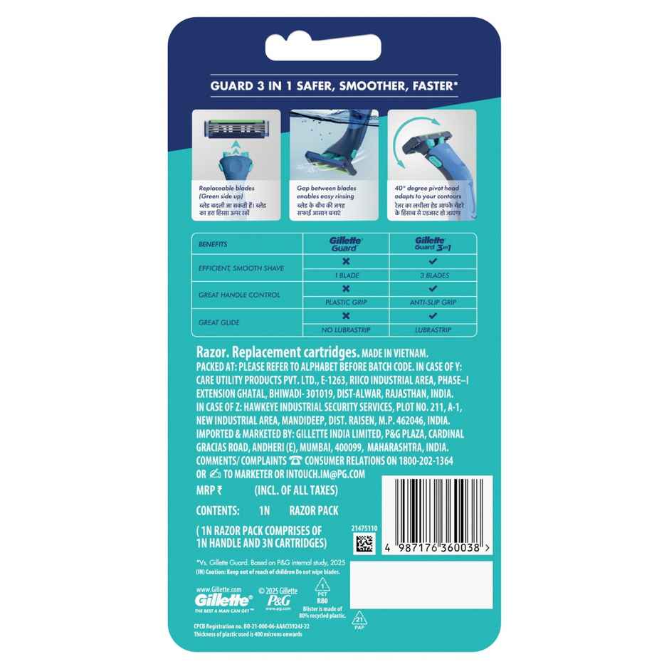 Gillette Guard 3in1 Mens Razor 2 Cartridge 1 Razor