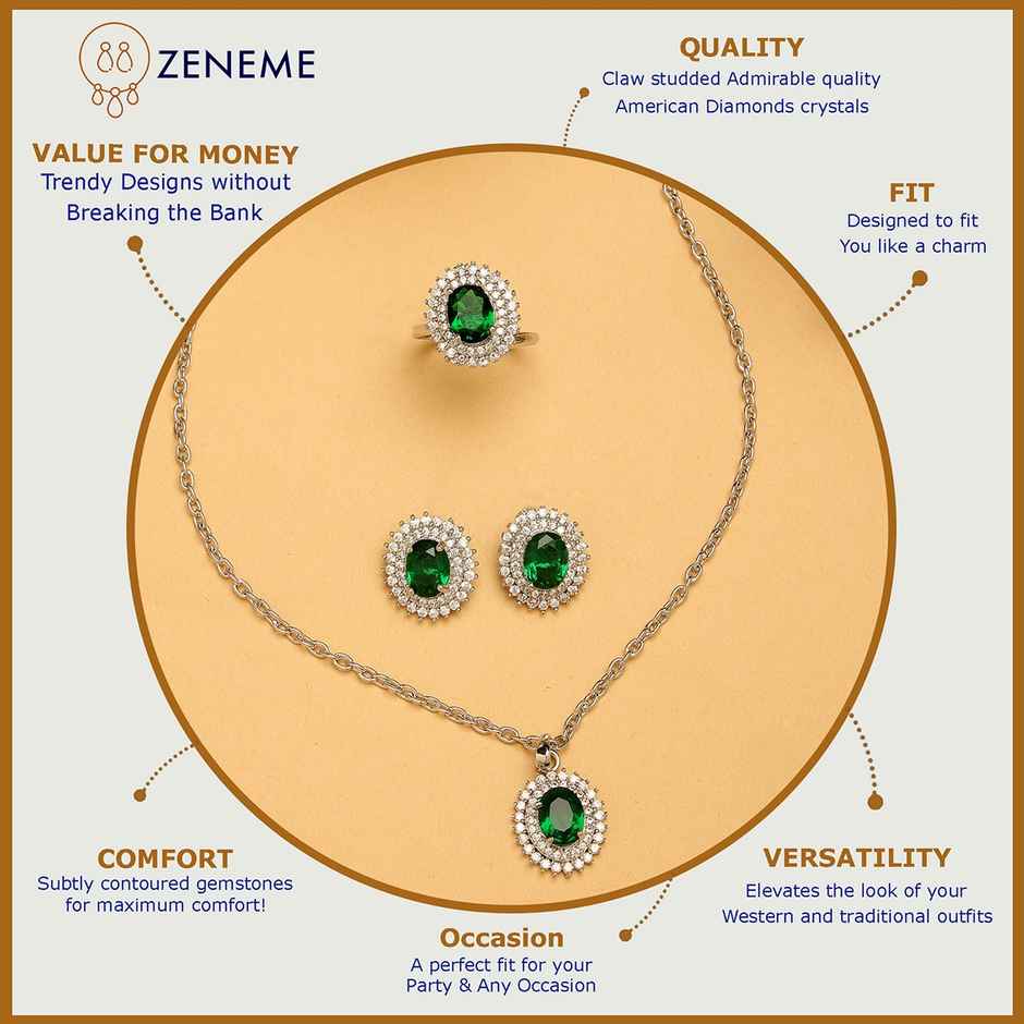 Zeneme Rhodium-Plated Green AD-CZ Oval Halo Necklace Earrings Ring For Women & Girls