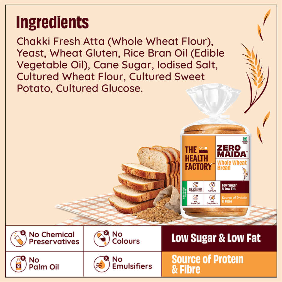 The Health Factory Zero Maida Bread - Simply Whole Wheat(350gms) & Arora White Eggs 30 Piece(30pc) Combo