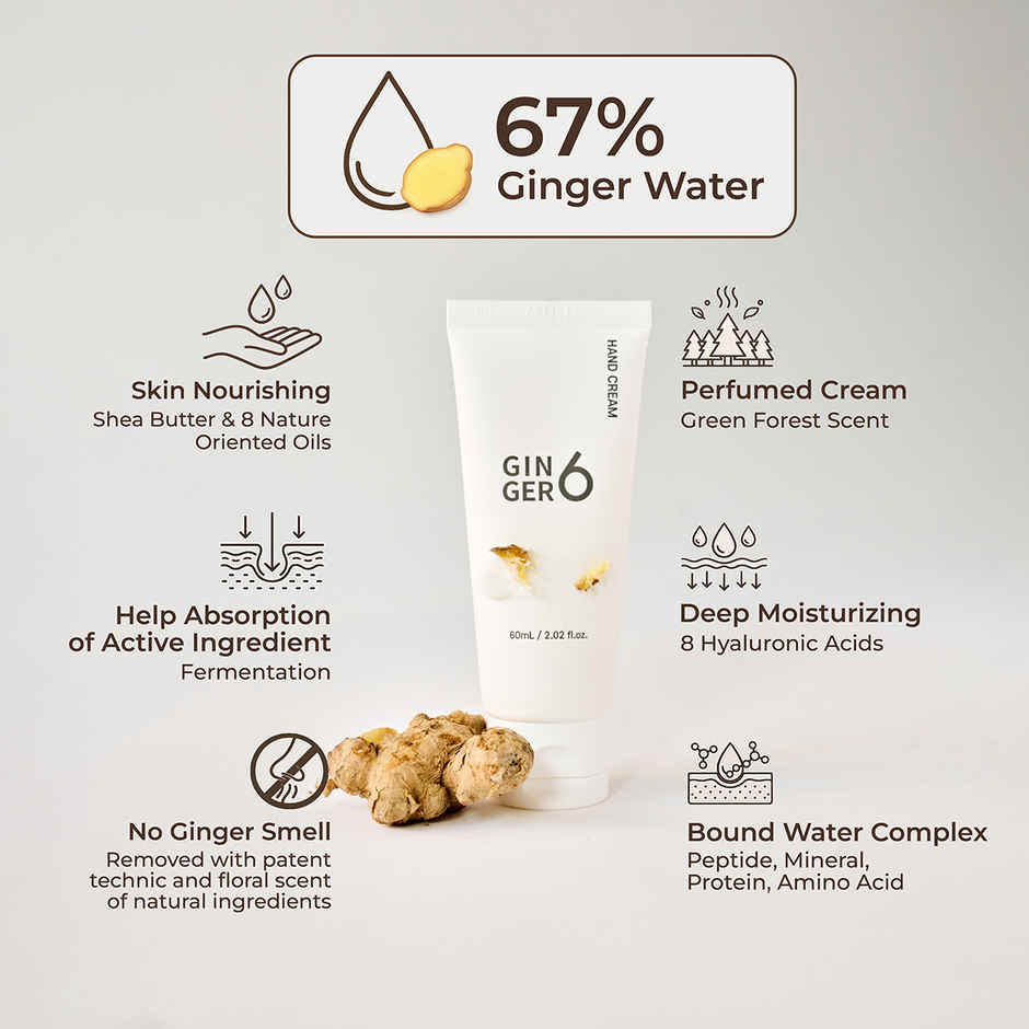 GINGER6 Hand Cream |Deep Moisture EWG Green Fermented Oil & Shea Butter | 8 Hyaluronic Acids