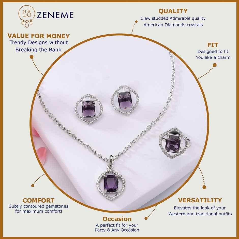 Zeneme Rhodium Plated American Diamond Studded Marquise Halo Jewellery Set For Women & Girls