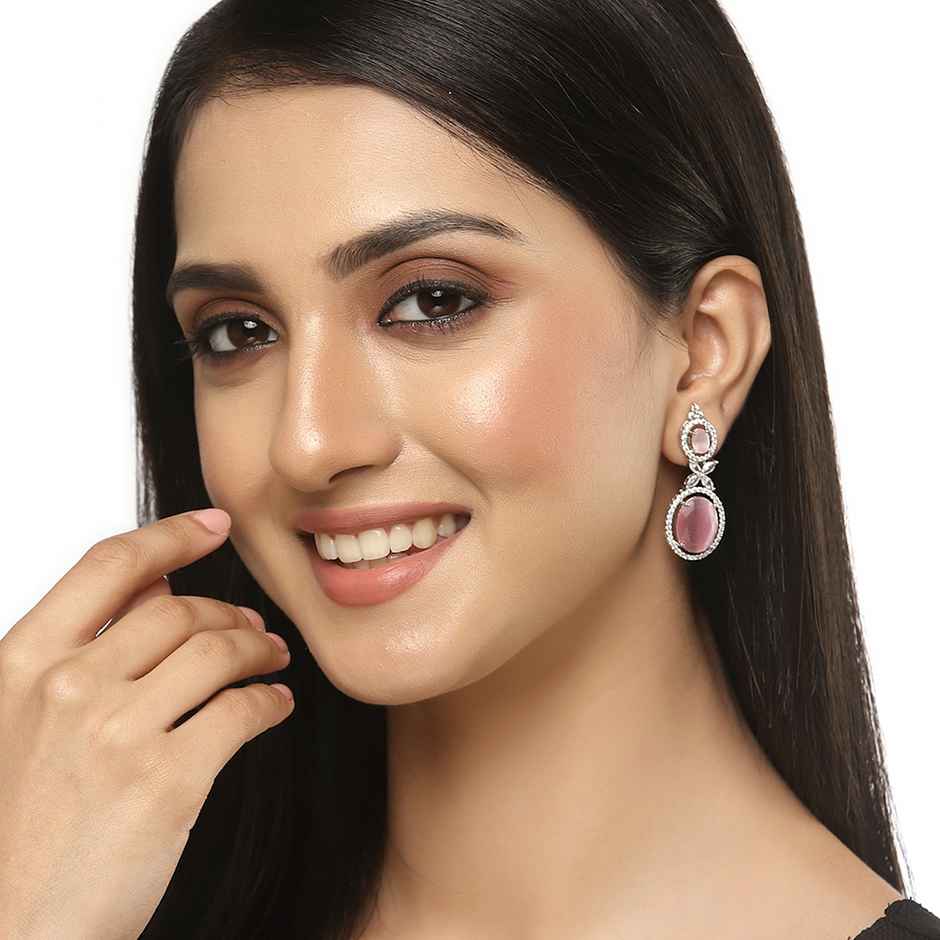 Zeneme Silver-Plated Pink American Diamond studded Oval Shaped Drop Earrings For Women & Girls