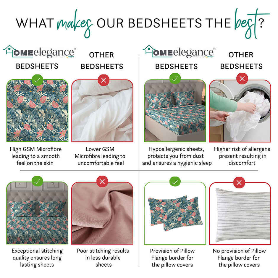 Home Elegance by myTrident Microfiber Bedsheet Set | Queen Size Double Bed sheet | 2 Pillow Covers | Wildflower