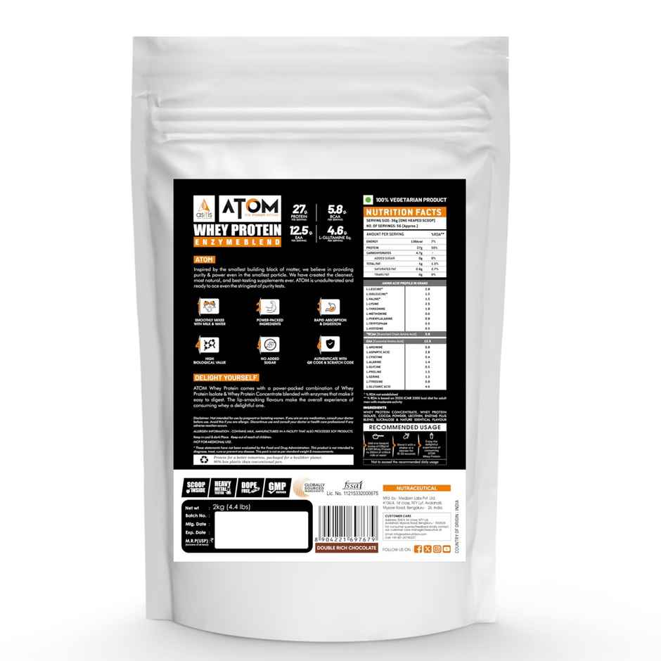 AS-IT-IS ATOM Whey Protein with Digestive Enzymes | Double rich chocolate | 27g protein