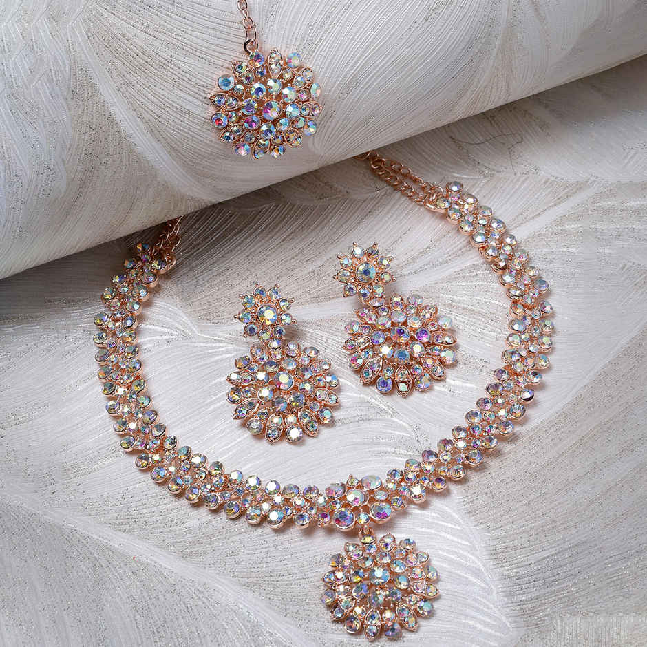 Sukkhi Delightly Gold Plated Rose Gold Stone Studded Choker Necklace Set