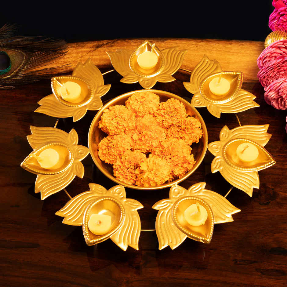 Aksharveda Metallic Lotus Urli - 10 Inches