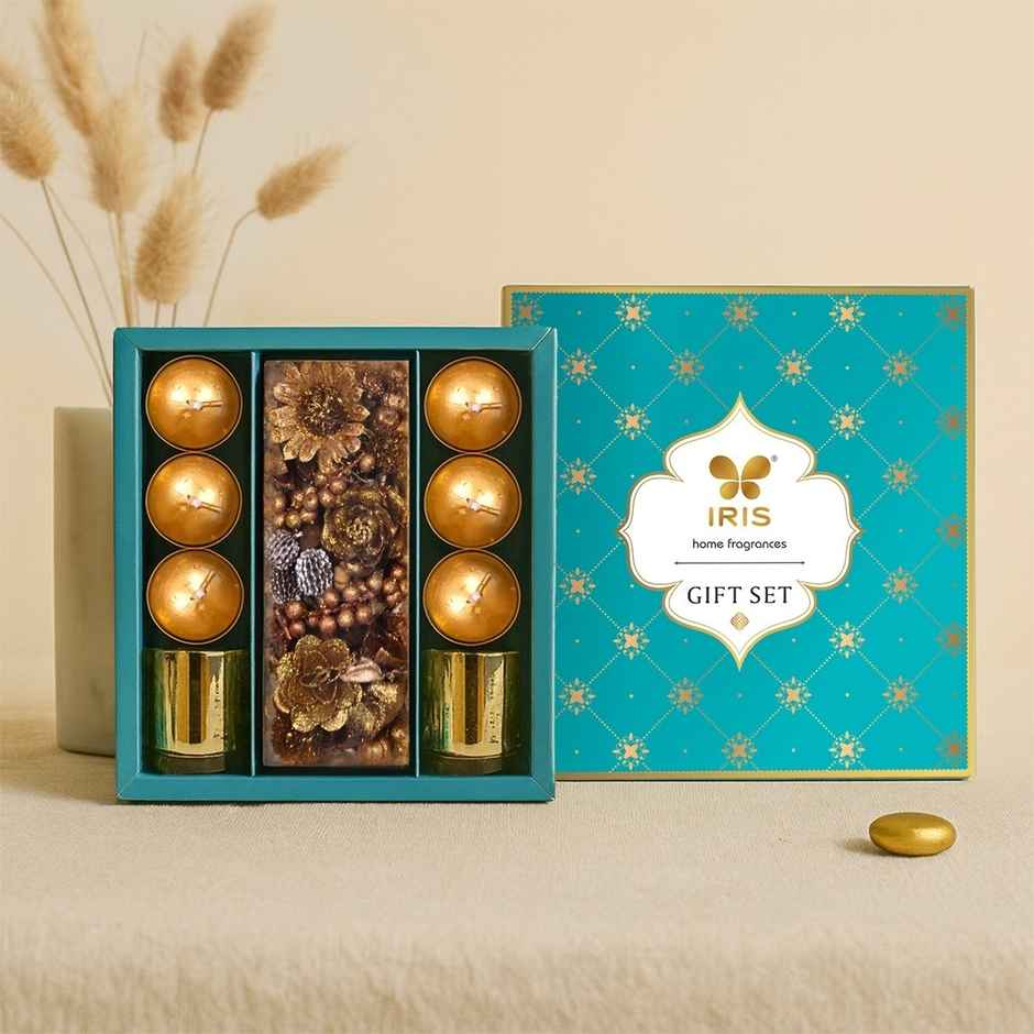 Candles and Potpourri Decor Gift Box - Gold Musk Fragrance | Diwali Gift Hamper | Iris