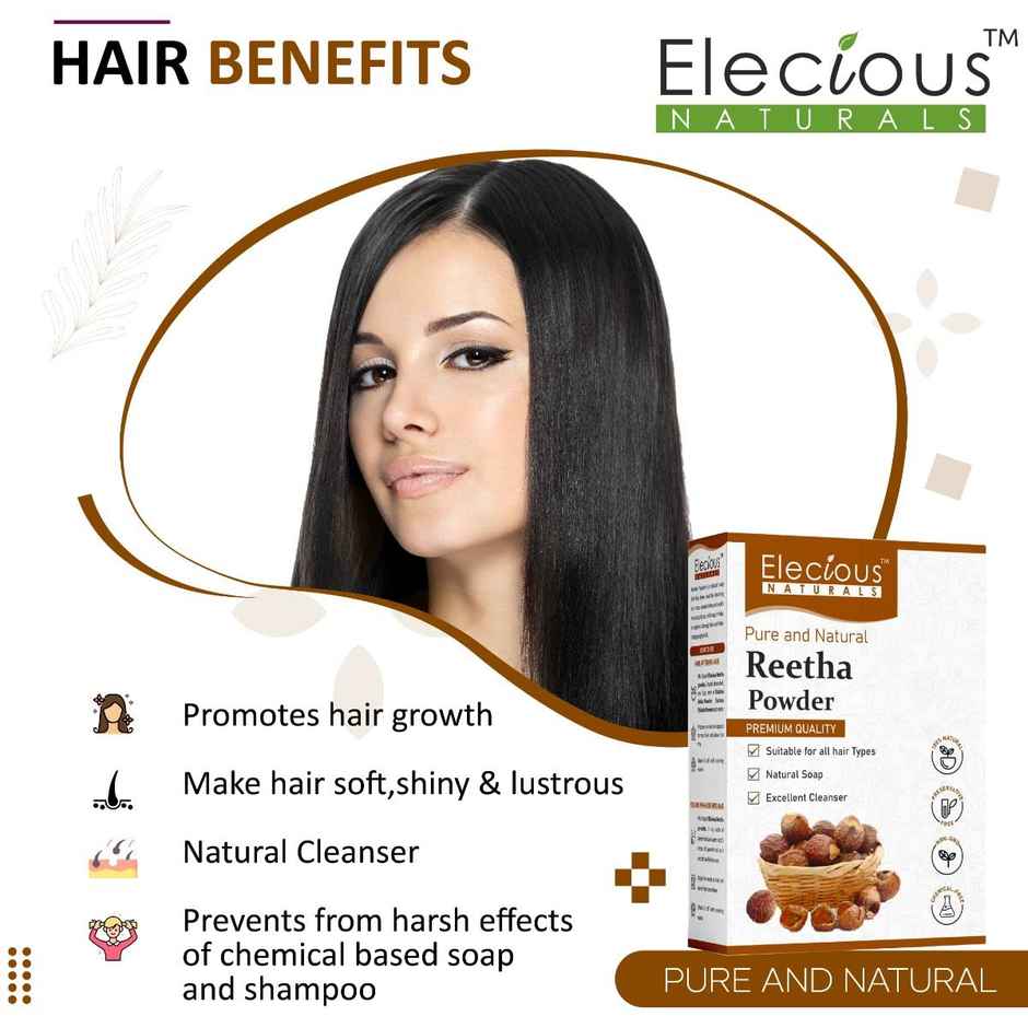 Elecious Pure Reetha Powder for Hair | Ideal for Hair, Face and Skin
