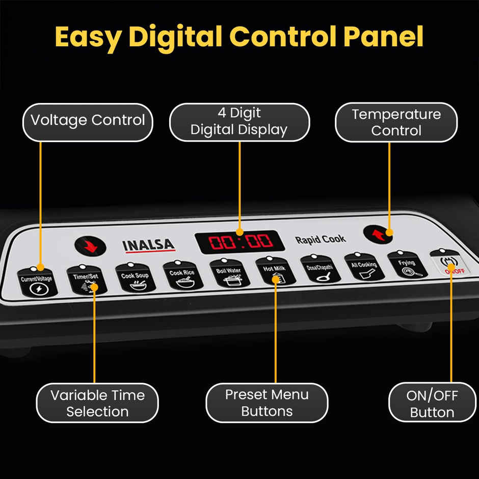 Inalsa 1600W Induction Cooktop with Smart Push Control,Pan Sensor,Variable Timer,Rapid Cook