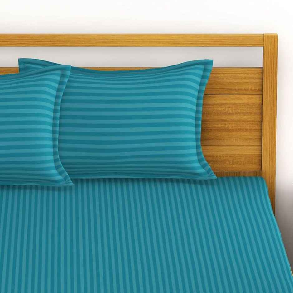 Bianca Super Soft 100% Cotton Satin Stripe Double Bedsheet With 2 Pillow Covers Stripe Souba Blue