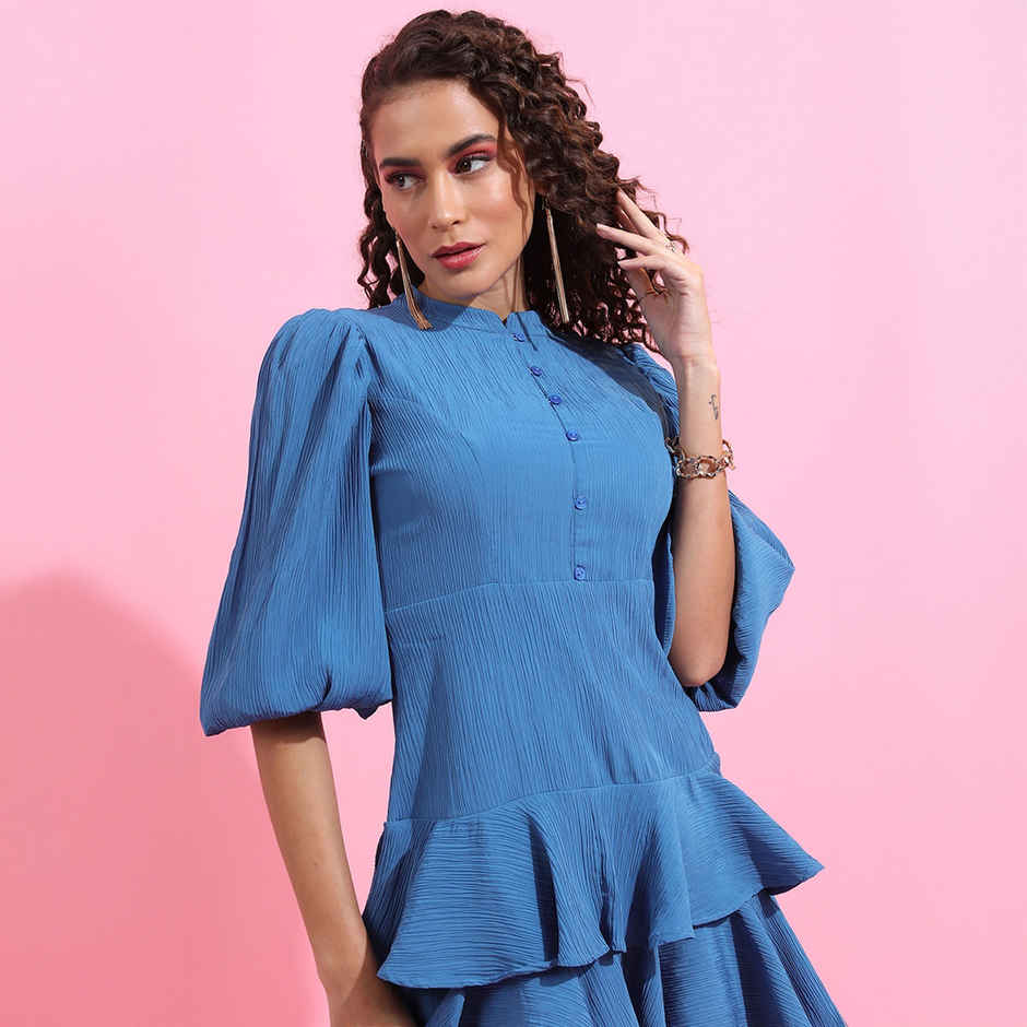 Tokyo Talkies Women's Shirt Tiered Dress With Founance Sleeve | Blue - L