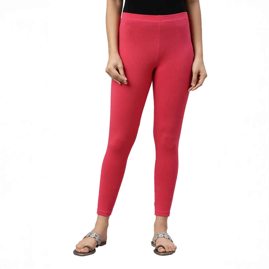 Go Colors Women's Solid Mid Rise Ankle Length Leggings | Coral - M