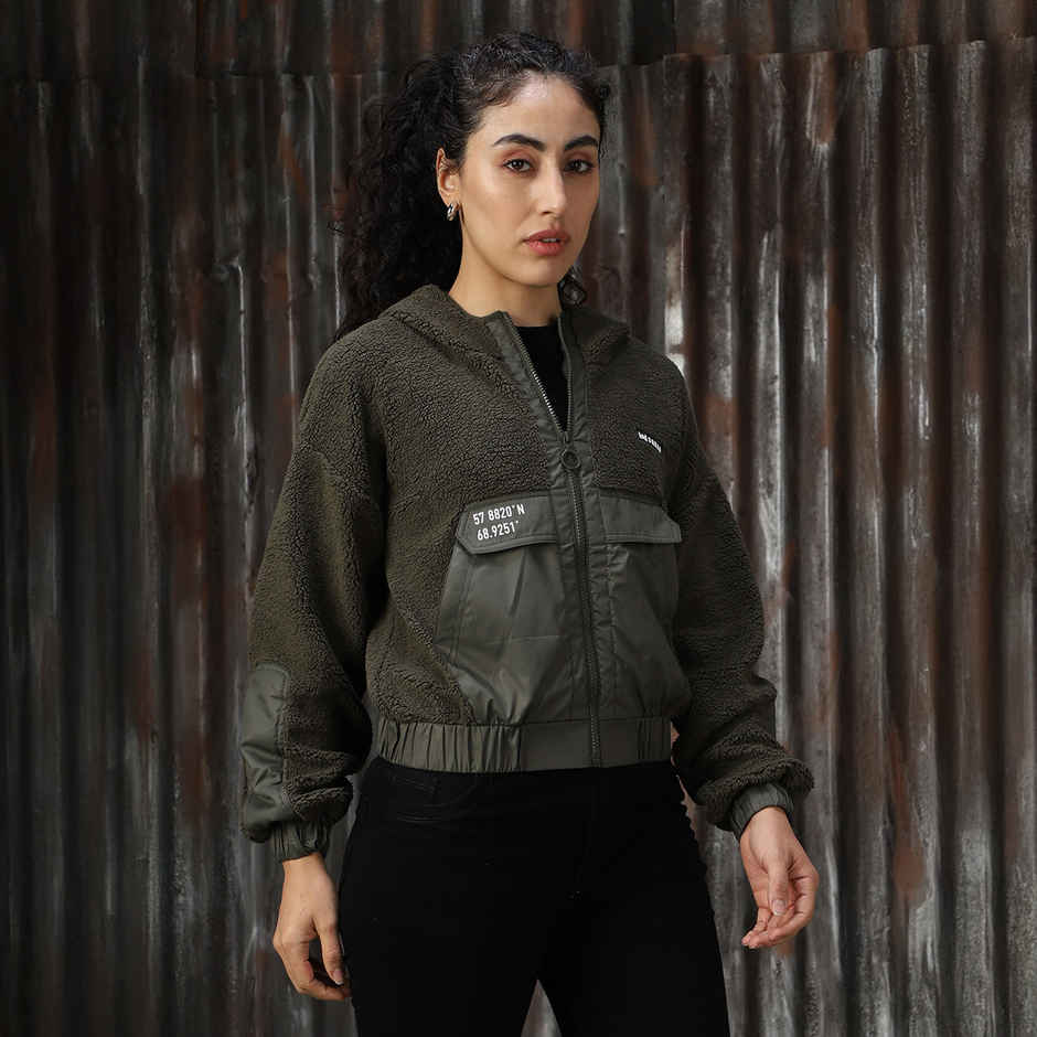 High Star Women's Self Design Hooded Front-Open Crop Sweatshirt | Olive - S