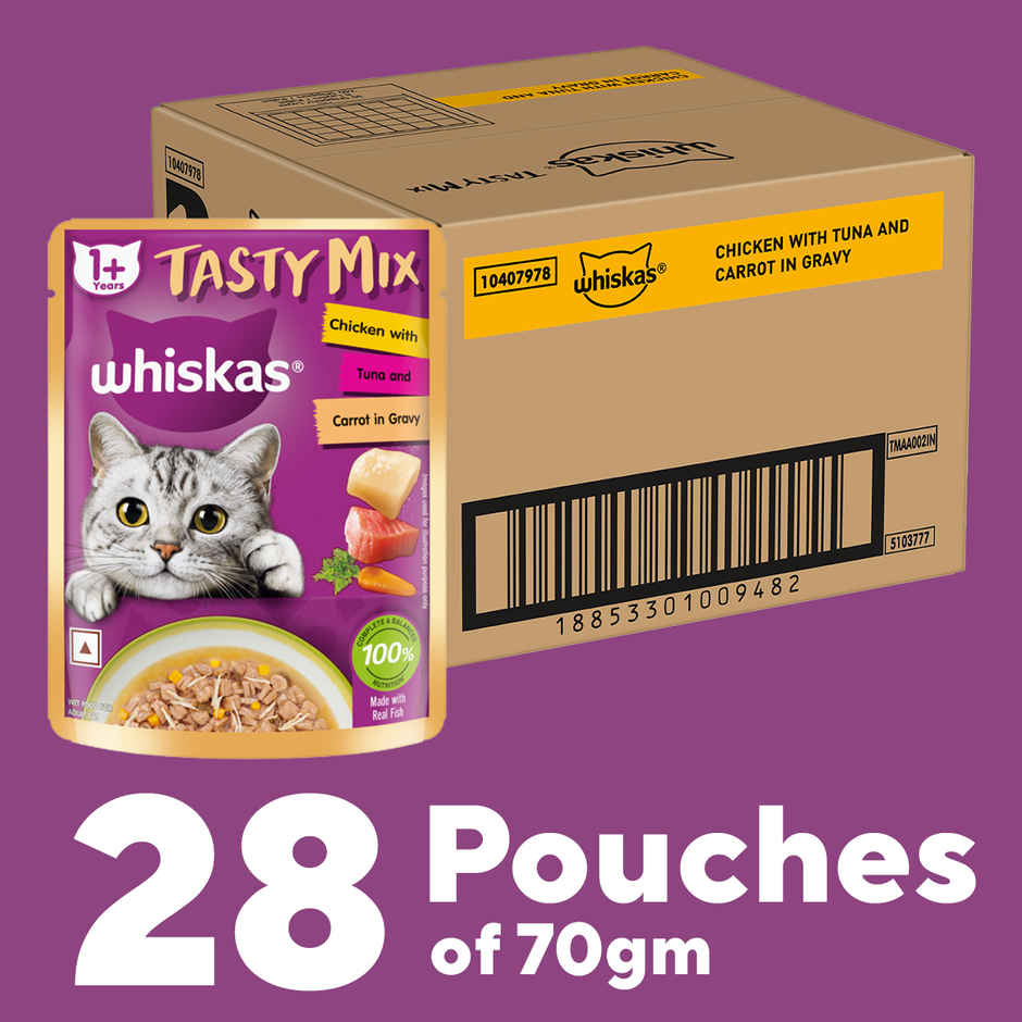 Whiskas Tasty Mix Adult Wet Cat Food, Chicken with Tuna & Carrot in Gravy