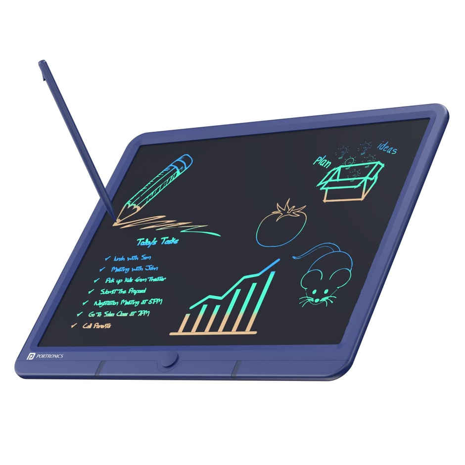 Portronics Ruffpad 15M 15Inch (38.1cm) Re-Writable Multicolor LCD Writing Pad with Smart Lock,India's first notepad to save and share your child's first creatives via Ruffpad app on your Smartphone - Blue