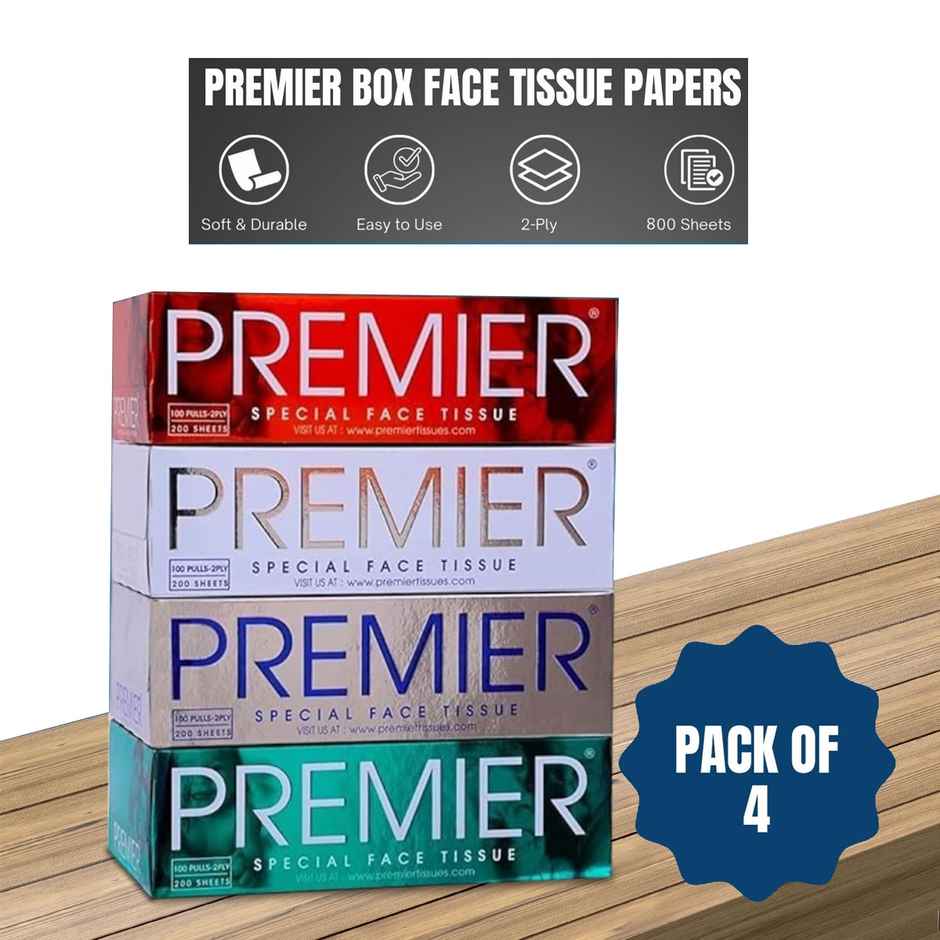 Premier 4 in 1 Face Tissue Box | 100 pulls each | 2 ply | Pack of 4