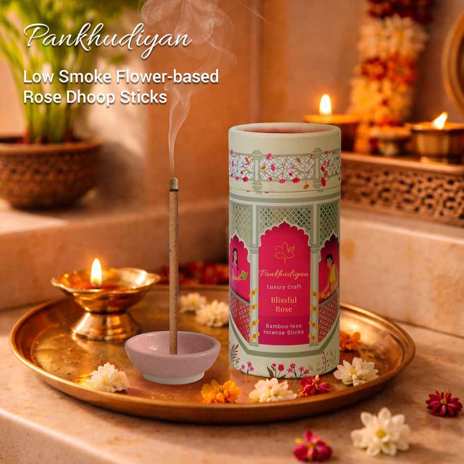 Pankhudiyan Rose Flower-based Low Smoke Bambooless Dhoopsticks (Sticks + Ceramic Holder)