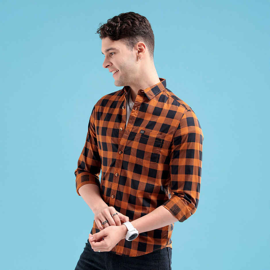 The Indian Garage Co Men's Slim Fit Checkered Casual Shirt | Mustard - S