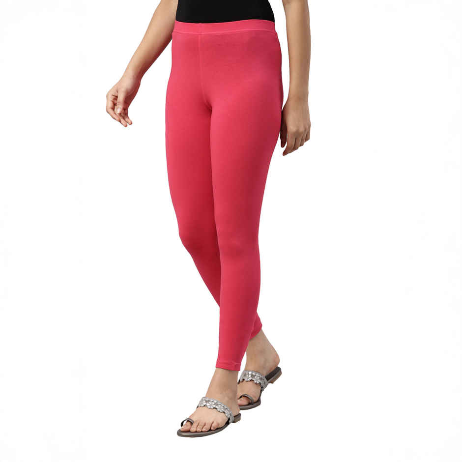 Go Colors Women's Solid Mid Rise Ankle Length Leggings | Coral - M