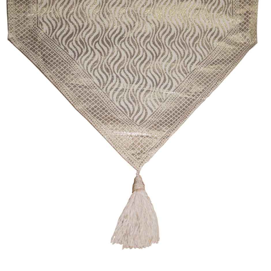 Lushomes Table Runner - Golden and Cream Geo Silk | Tassels | 6 Seater | 12 x 70 inch