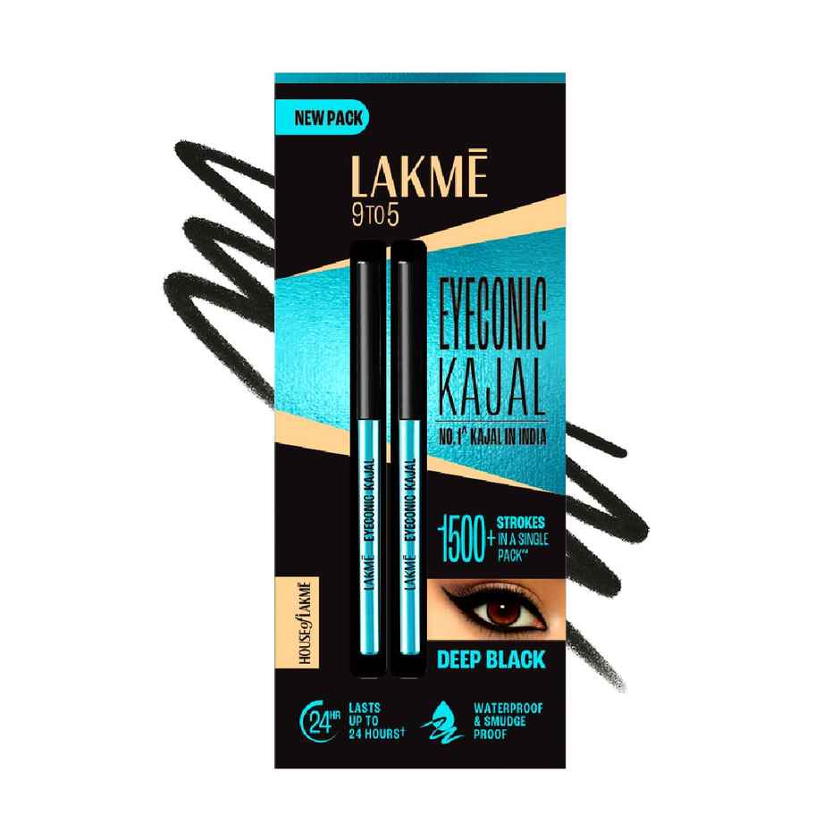 Lakme 9 to 5 Eyeconic Kajal Twin Pack, lasts upto 24hrs, Pack of 2- Deep Black