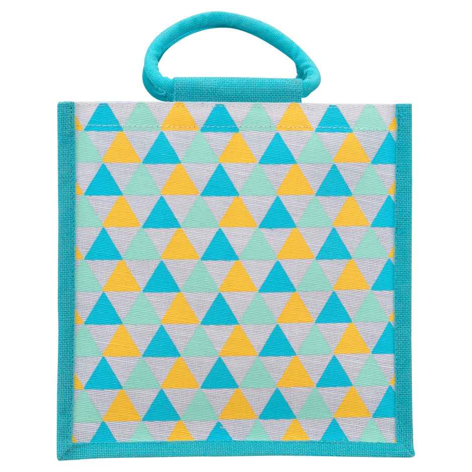 Jute Cottage Carry Bag - Triangle Print Zipper Lunch Bag | Turquoise Blue | 12 x 12 x 7.5