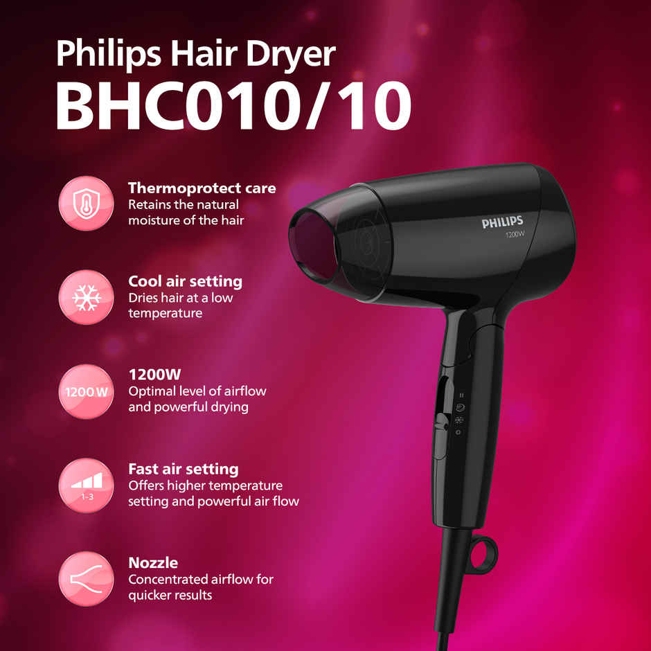 Philips India's No.1 Hair Styling Brand | Foldable Hair Dryer 1200W BHC010/10 | Black