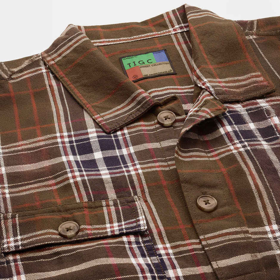 The Indian Garage Co Men's Regular Fit Checked Street Shirt | Olive - M