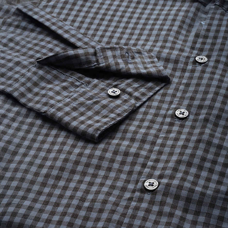 The Bear House Men Slim Fit Checked Button-Down Casual Shirt - Garo | Teal Blue | M