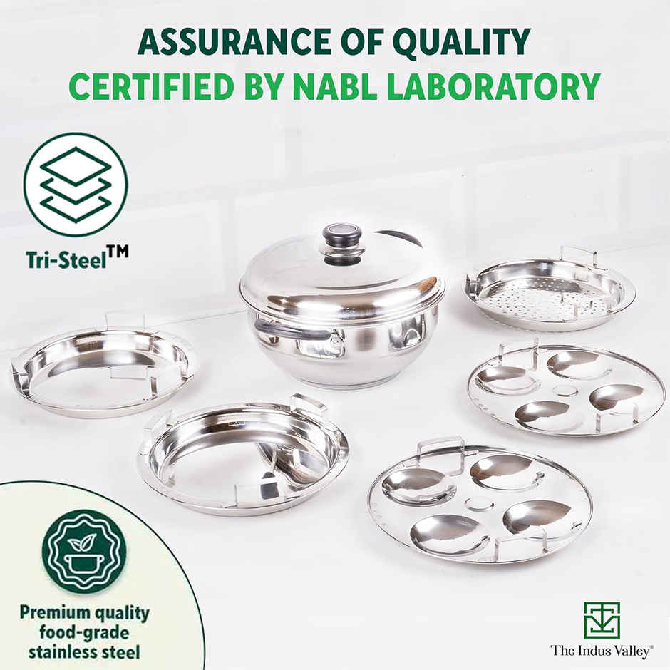 The Indus Valley Stainless Steel Idli/Multi Pot/Steaming Set | Small, 5 Plates, 23cm/9 inch