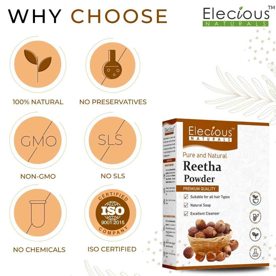 Elecious Pure Reetha Powder for Hair | Ideal for Hair, Face and Skin