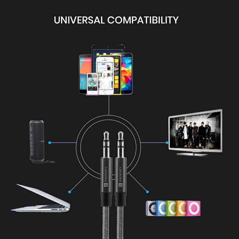 Portronics Aux 5 Stereo Audio Aux Cable 1.5m 3.5mm Metal Head Connectors, Nylon Braided with Universal Compatibility - Grey