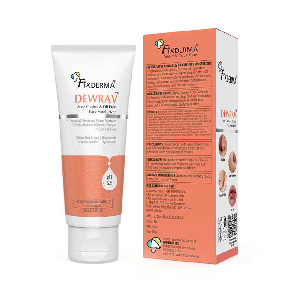 Fixderma Dewrav Acne Control & Oil Free Face Moisturizer with Glycolic Acid & Ceramide