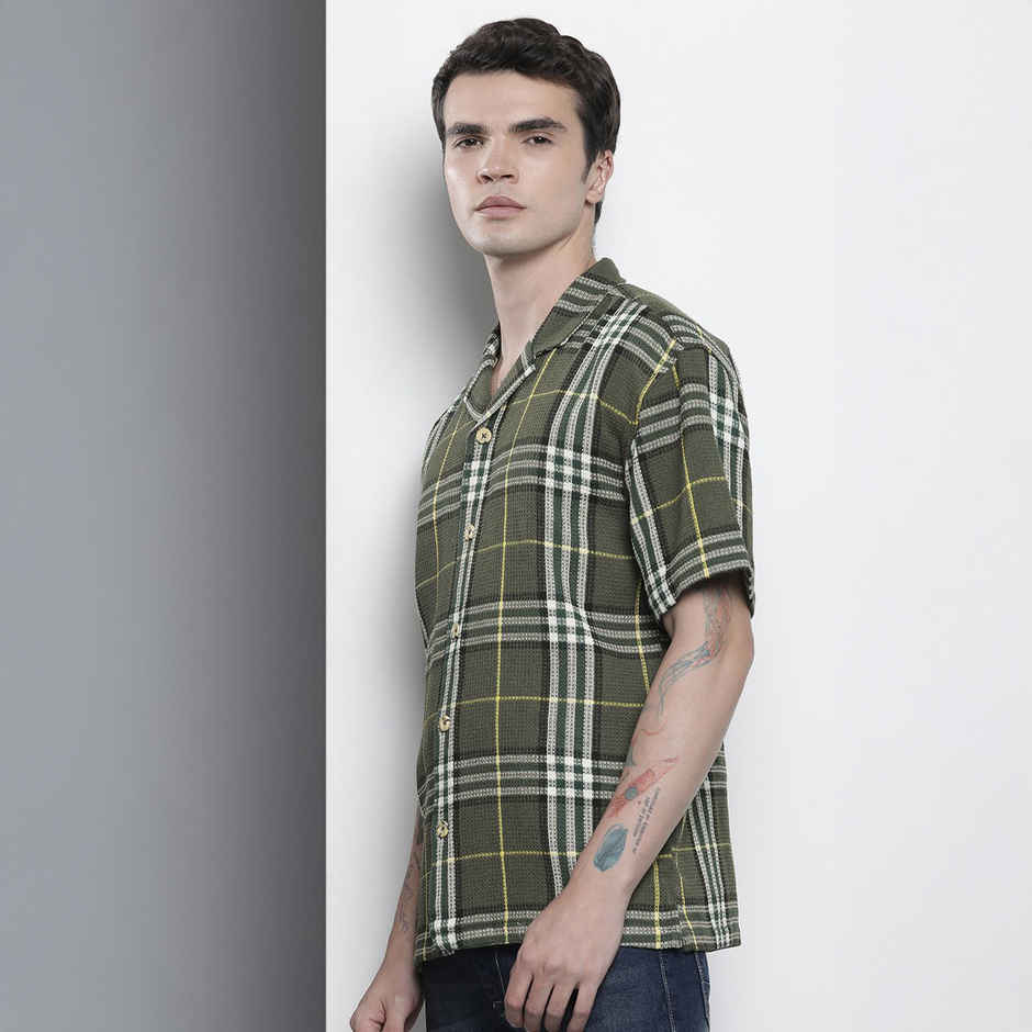 The Indian Garage Co Men's Relaxed Fit Checkered Resort Wear Half Sleeve Shirt | Green - S