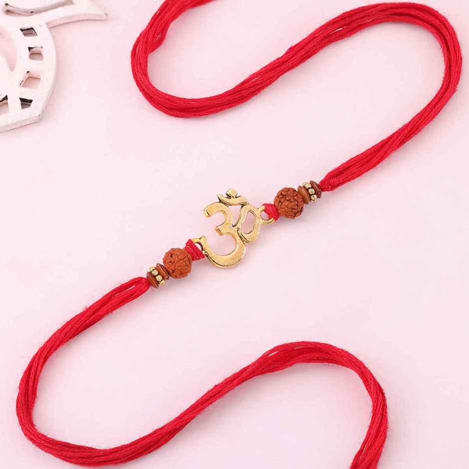 Sacred Om & Rudraksh Red Mauli Thread Rakhi | Religious | Pack of 1 | Floweraura
