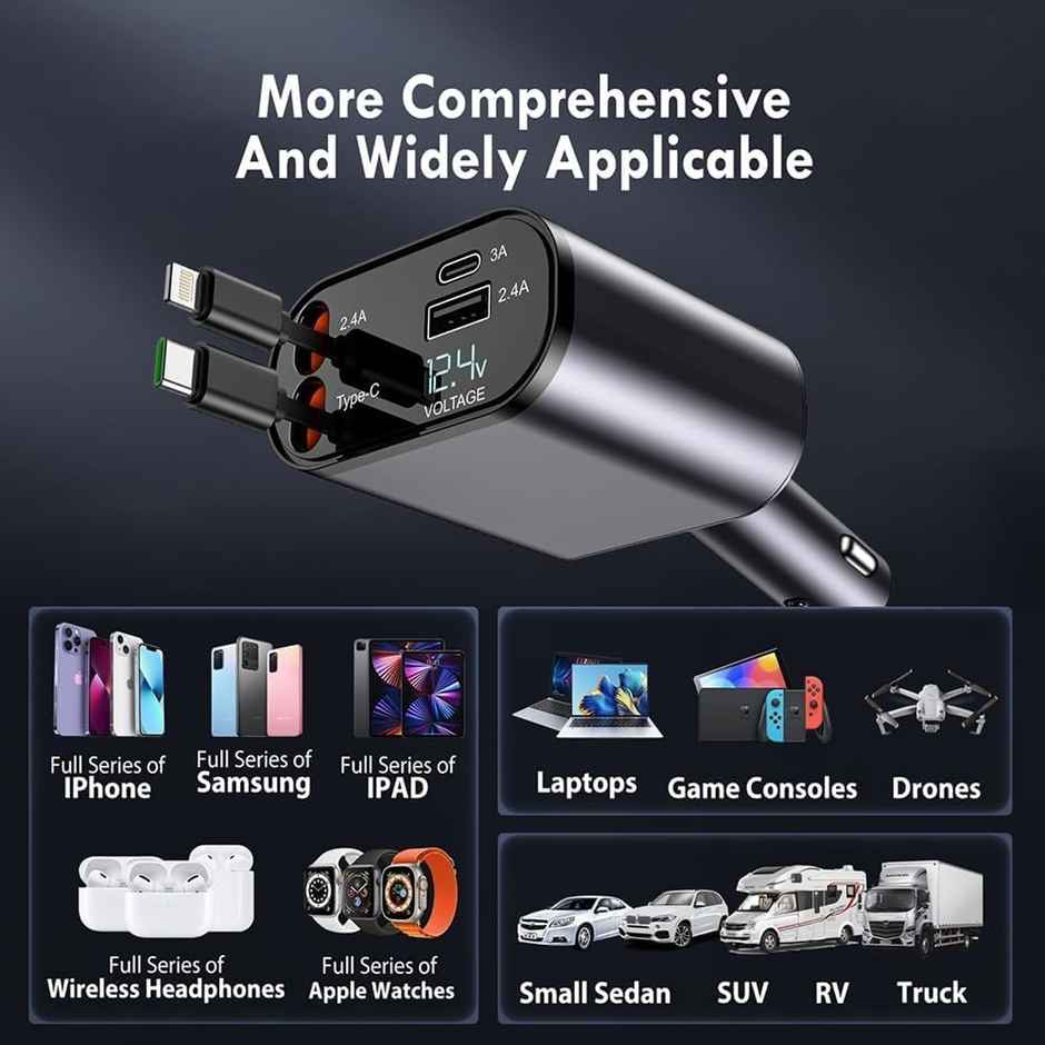 Hashwow 120W 4 in 1 Retractable Car Charger,Super Fast Charge Car Phone Charger,Retractable Cables & 2 USB Ports Car Adapter for Android Phones & iPhone 16/15/14/13/12/11 Pro Max,Xr,Ipad,Pixel