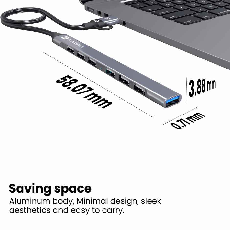 Portronics Mport 7 USB Hub (7-in-1), Multiport Adapter with Dual Convertible USB Type C Heads Grey
