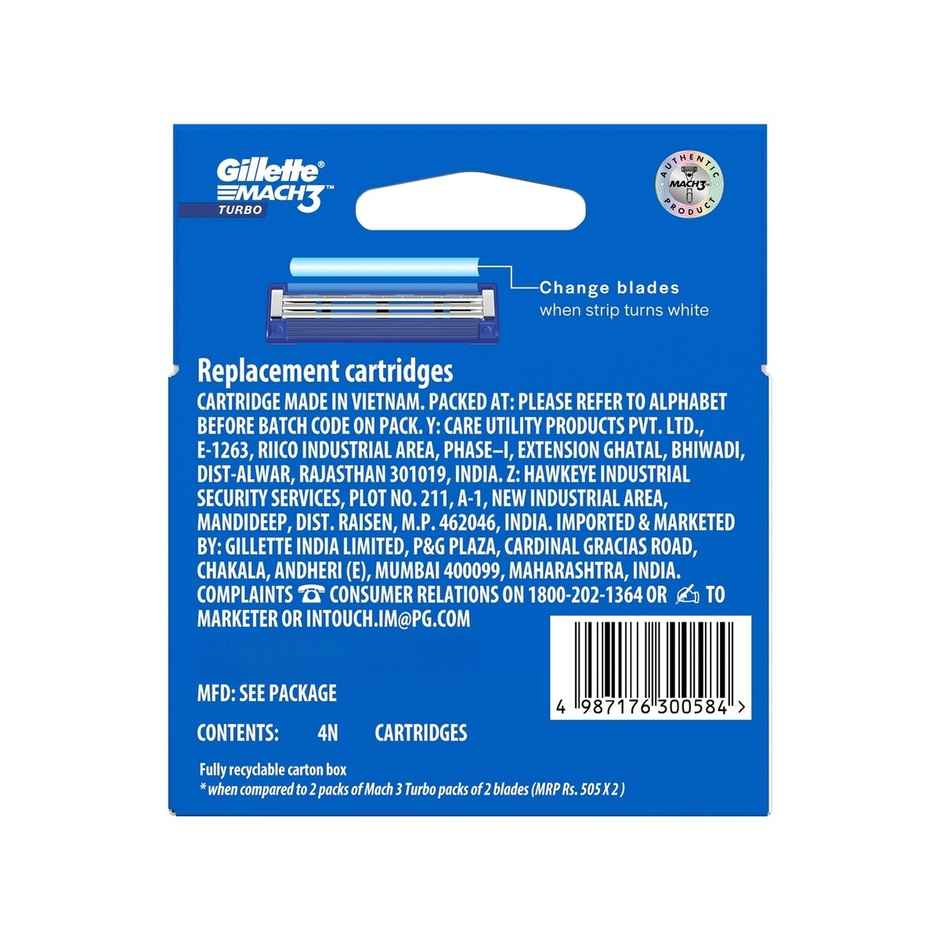 Gillette Mach3 Turbo 3-Bladed Cartridges with Comfort Gel Bar (Pack of 4)
