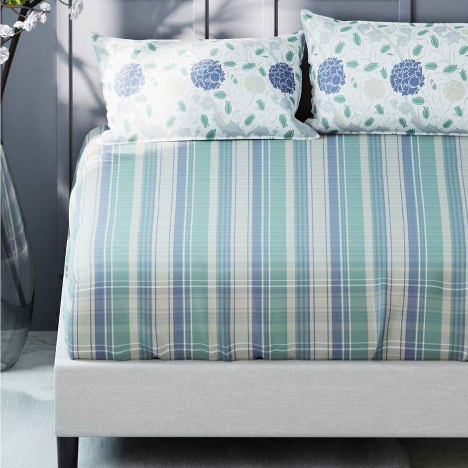Kopa Bamboo Micro King Bedsheet With 2 Pillow Covers | Set of 3 | Fairmont Checks | Green, Blue