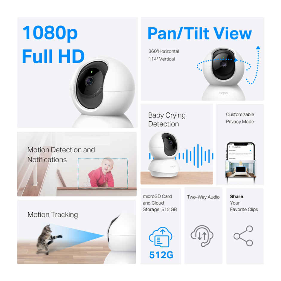 TP-Link Tapo C200 360Degree 2MP 1080p Full HD Pan/Tilt Home Security Wi-Fi Smart Camera| Alexa Enabled| 2-Way Audio| Night Vision| Motion Detection| Sound and Light Alarm| Indoor CCTV -  White