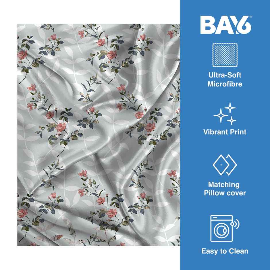 BAY6 Microfibre Floral Print Single Bedsheet with Pillow Cover | Grey | 59 x 87 in
