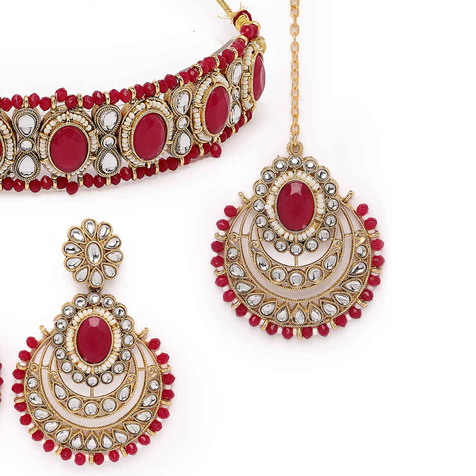 Sukkhi Affordable Gold Plated Rani Pink Stone & Beads Studded Choker Necklace Set