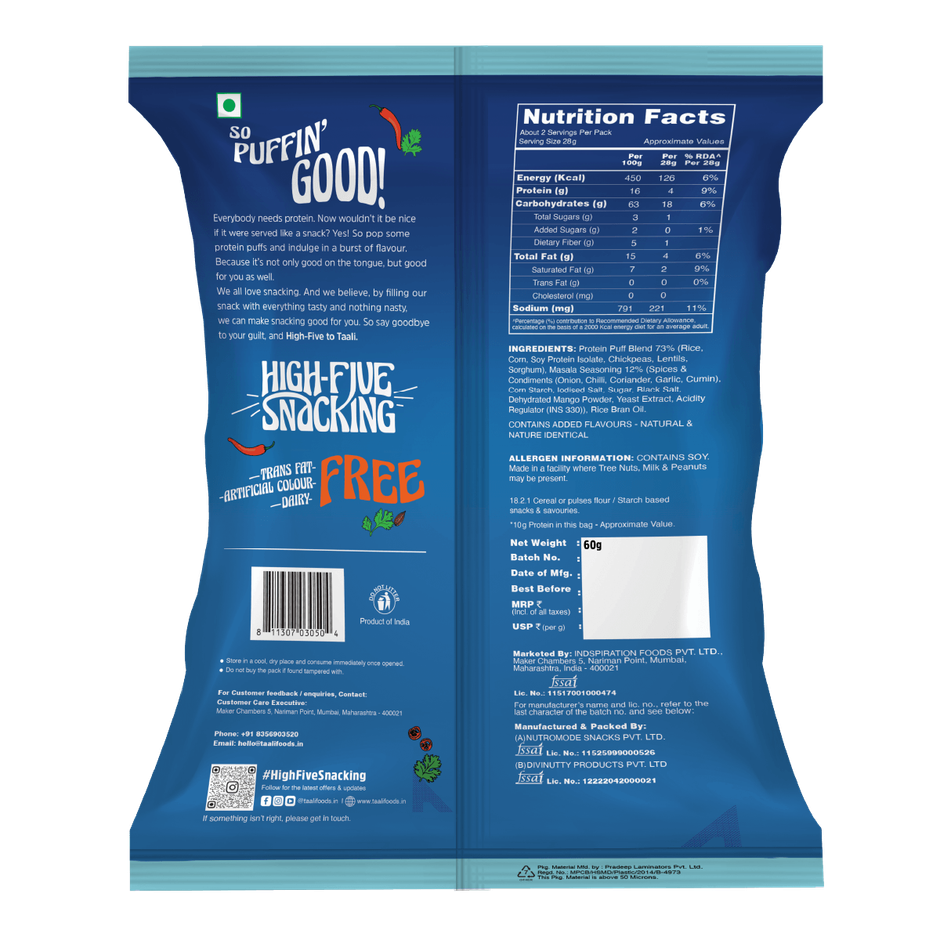 Taali Protein Puffs | Masala Puff, Roasted, Corn & Jowar, No Maida, Rich in Protein